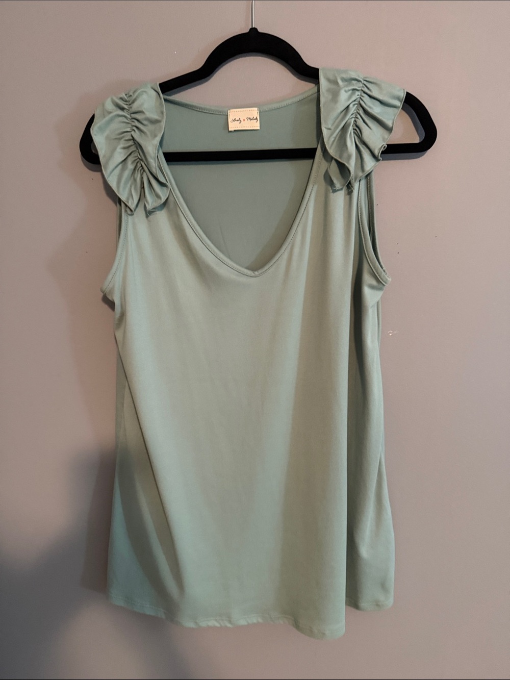 Lovely Melody Sage Green Ruffle Shoulder V-Neck Tank